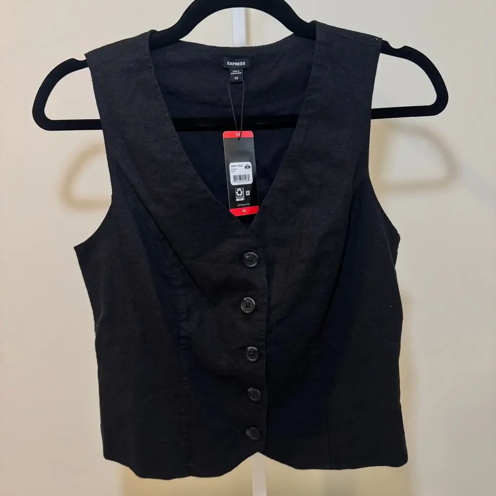 Express Black Linen Blend Button Front Vest – Size XS (NWT) - Picture 1 of 5